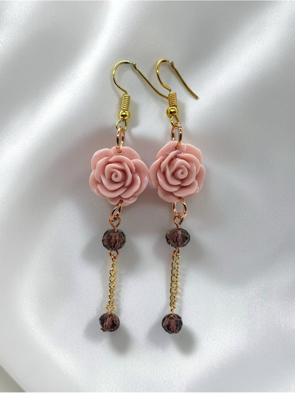 Pink Rose Dangle Earrings with Gold Hooks and Dark Crystal Bead Drop Jewelry